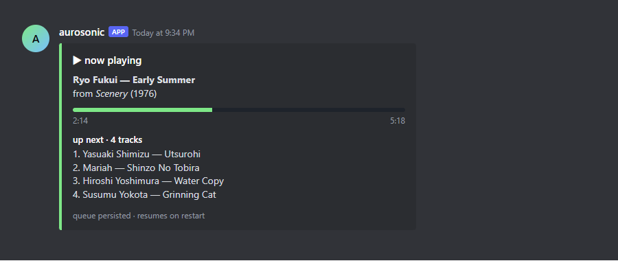 aurosonic now-playing embed with queue preview