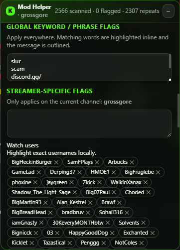 keyword filter panel