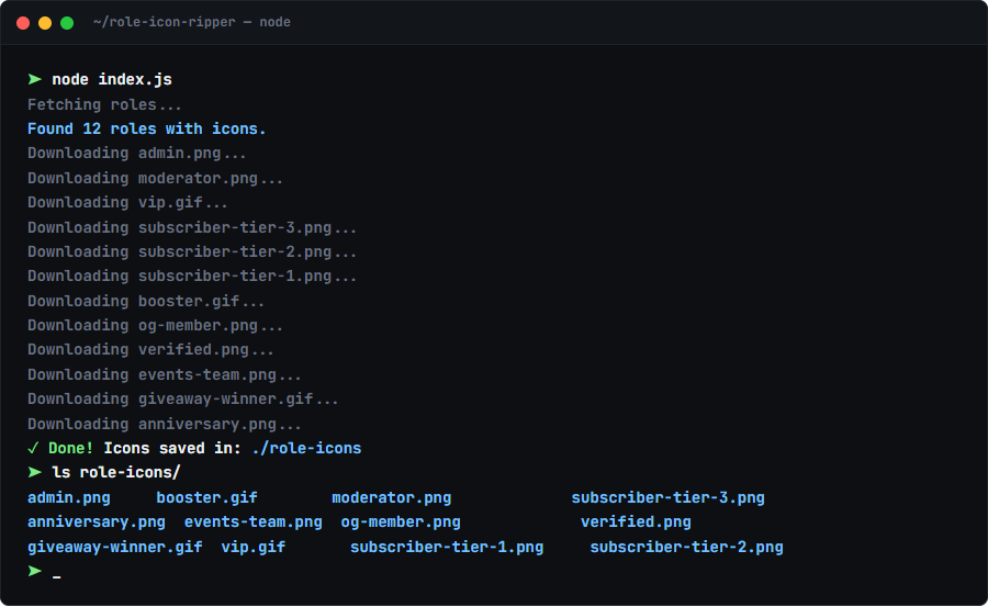 role-icon-ripper terminal output showing role icon downloads